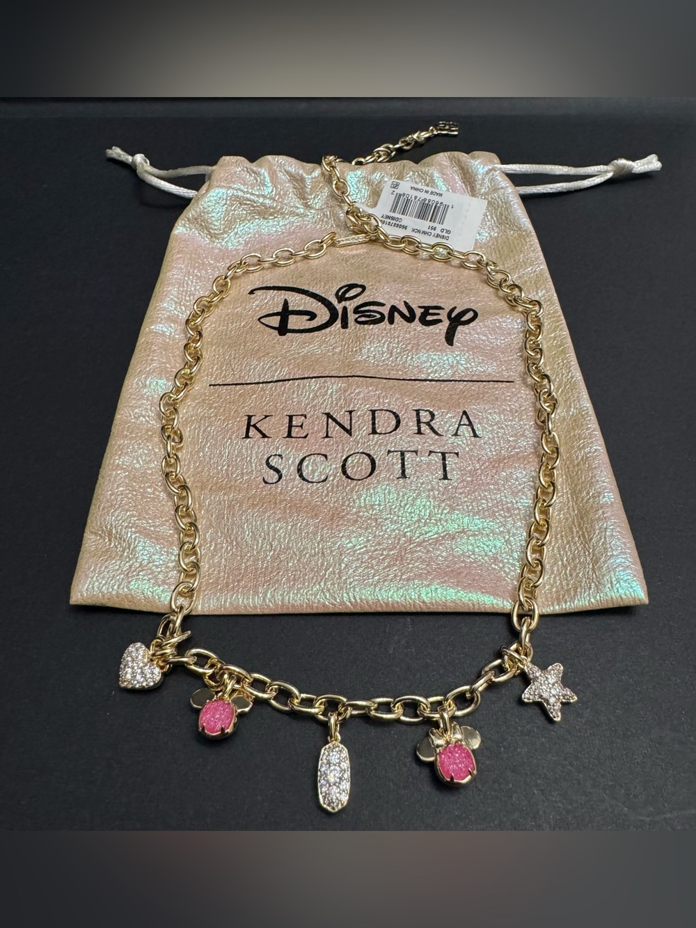 Kendra Scott X Disney Mickey Minnie Mouse Pink Drusy Pendant Gold Necklace NWT